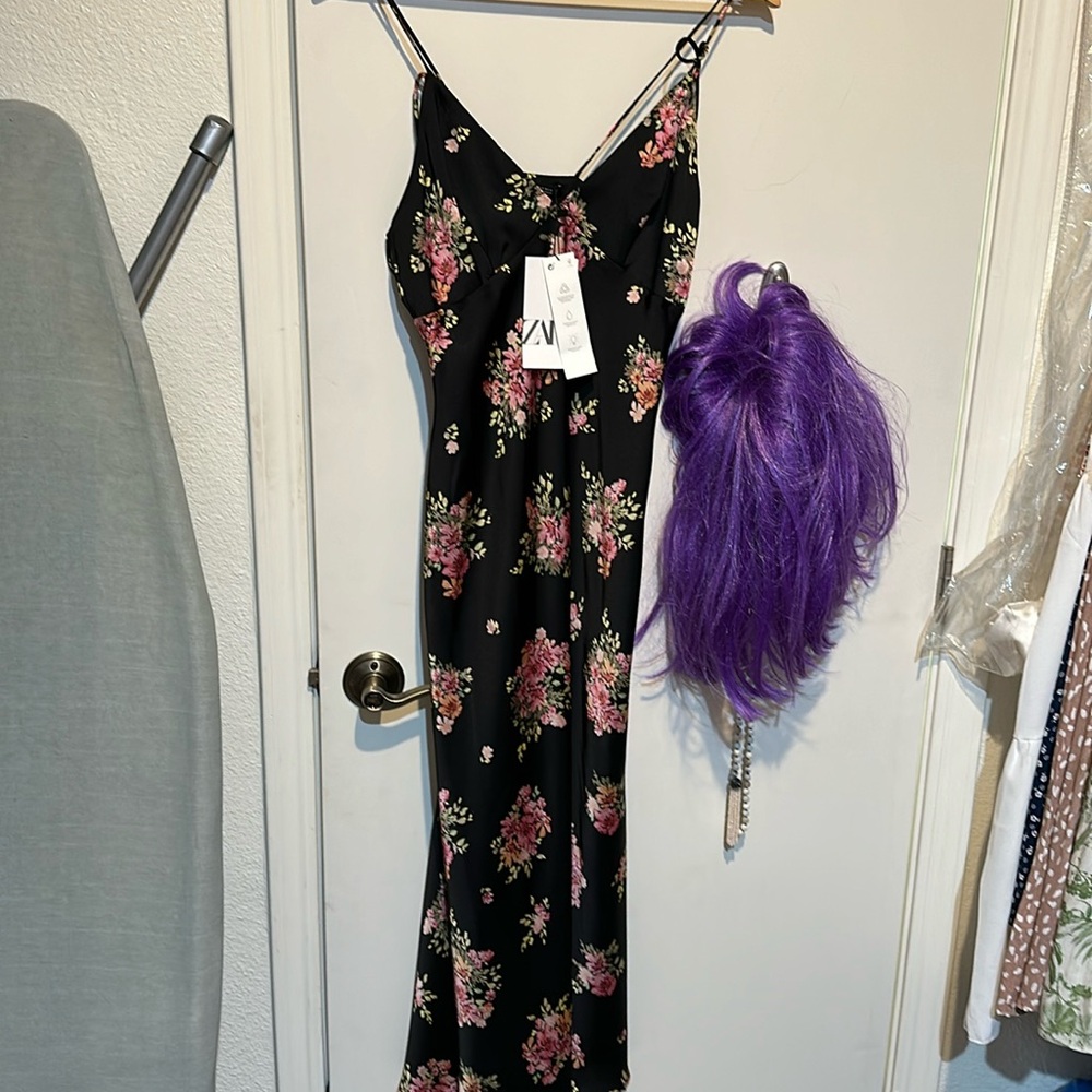 Zara black floral satin maxi dress